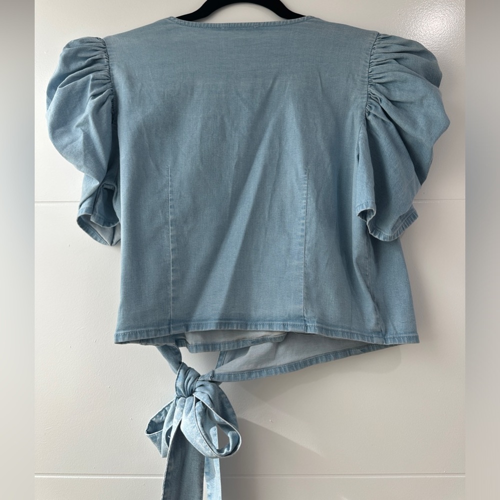 Bar III Blue Denim Puff Sleeve Wrap Crop Top | NWT Size S - Picture 9 of 12